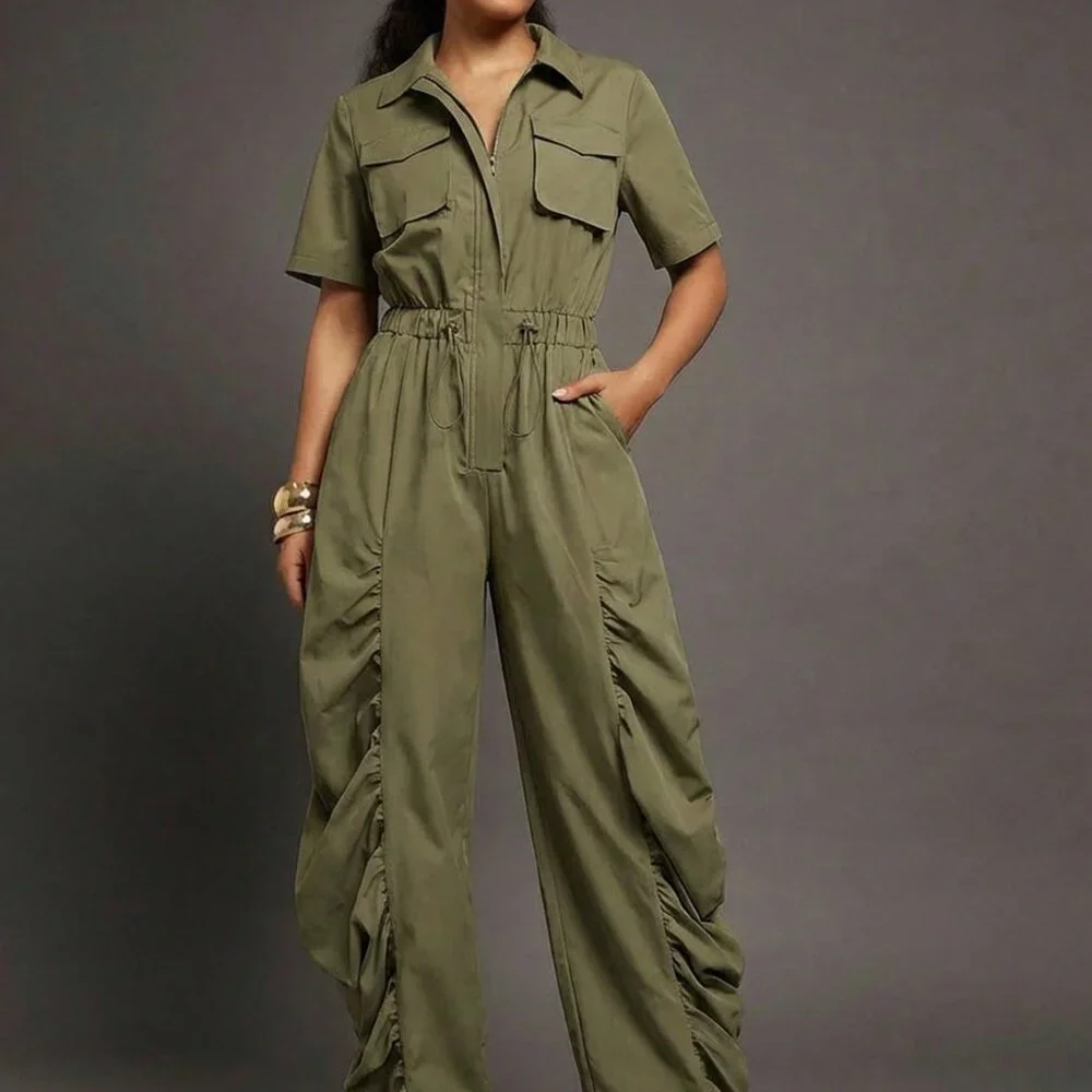 Green Casual Women's Ruched Wide Leg Drawcord Waist Utility Jumpsuit - Picture 3 of 5